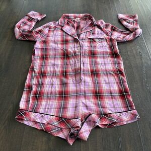 Victoria's Secret Romper Women's Medium Pink Red Plaid Pajamas Sleepwear Holiday